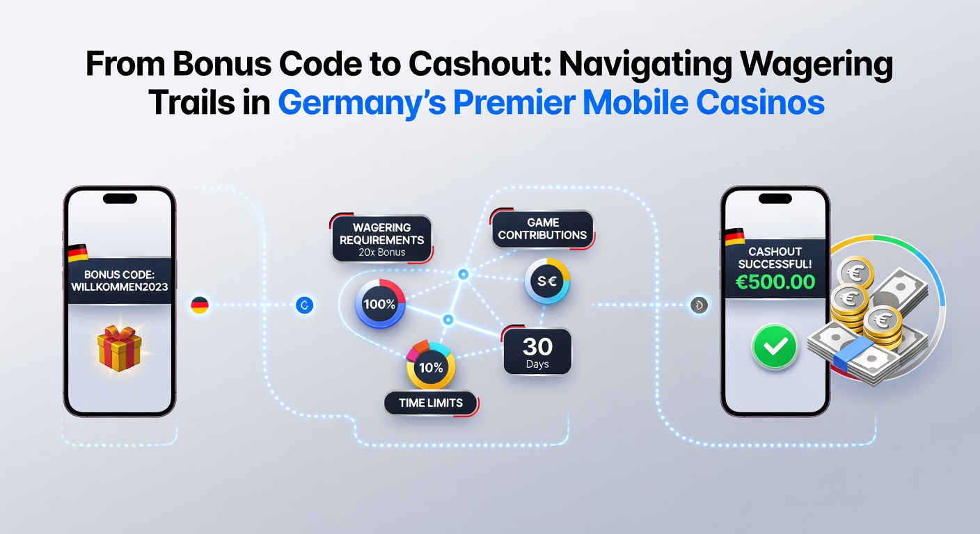 Smartphone mit Casino-App und Bonuscode-Eingabe auf dem Bildschirm, umgeben von deutschen Flaggen und Euro-Symbolen