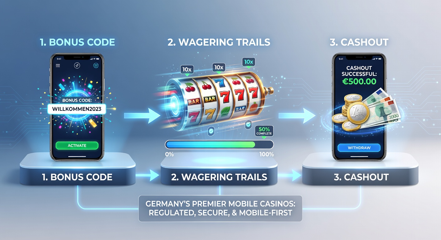 Grafik mit Pfad von Bonuscode-Eingabe über Wettanforderungsleiste bis zum Cashout-Button in einem Mobile Casino, mit Euro-Symbolen und Timer